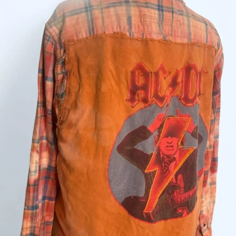 AC/DC Upcycled Flannel Shirt Rock Band Graphic Distressed Grunge